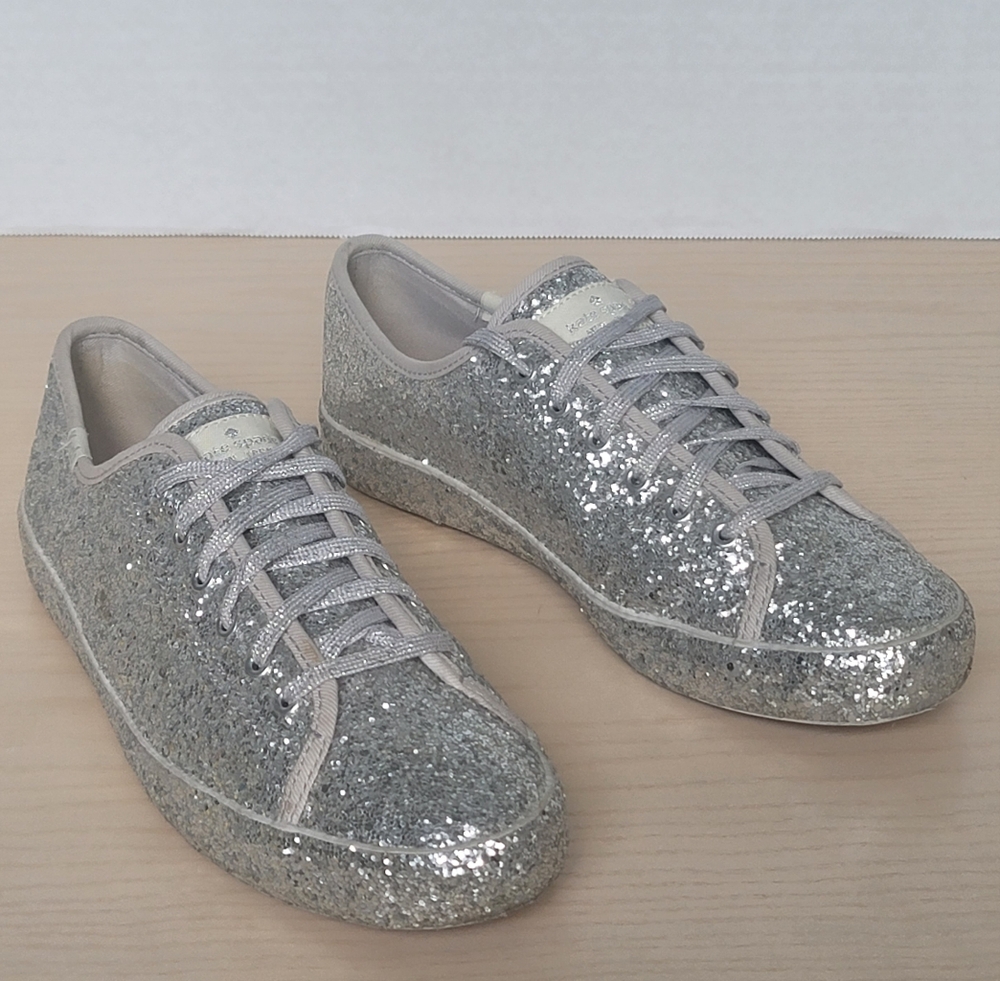 Kate Spade x Keds New York All Over Silver Glitter Lace Up Sneakers Flats Size 8